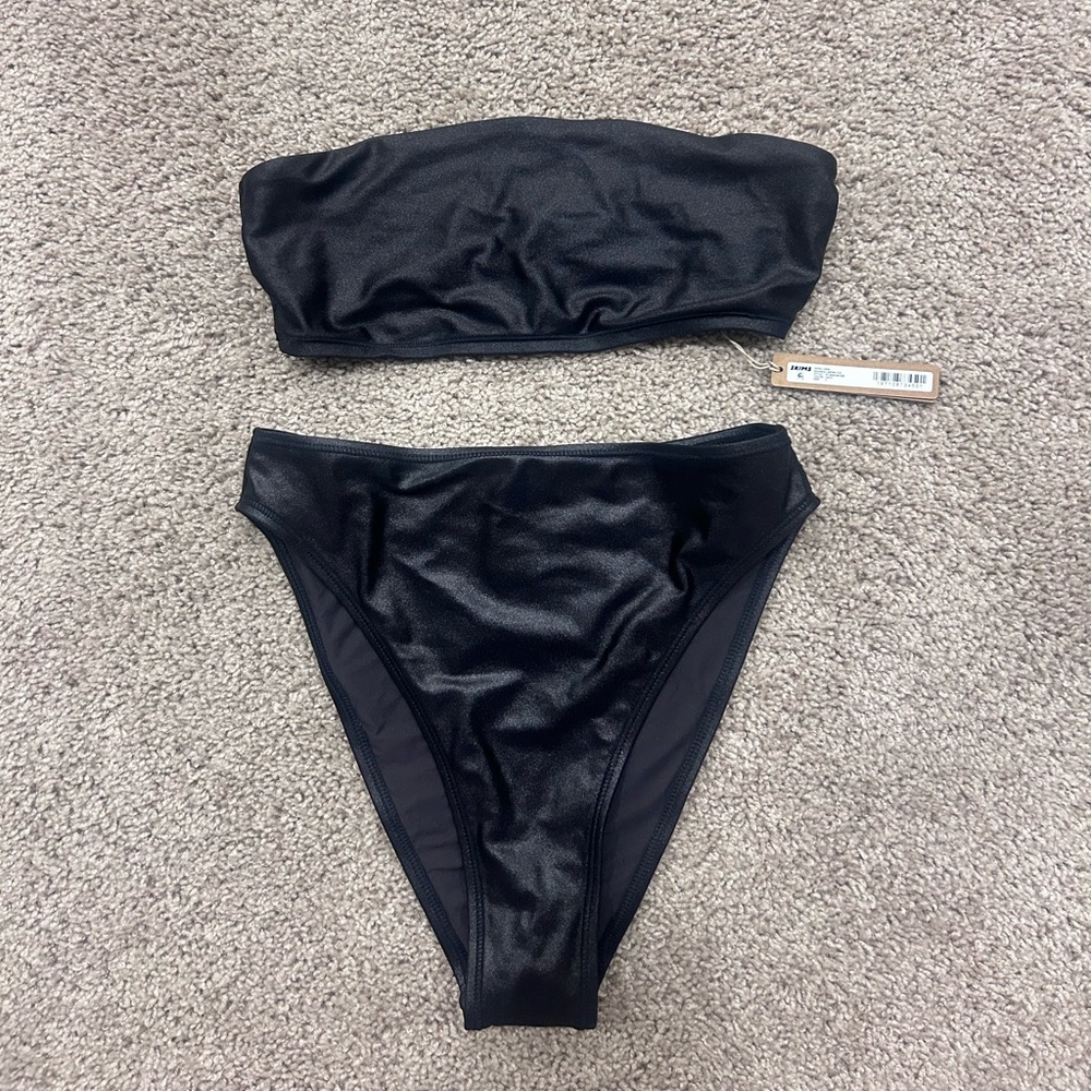 SKIMS - Shine Swim Bandeau Bikini Top & Shine Swim Mid Waist Bottom - Onyx
